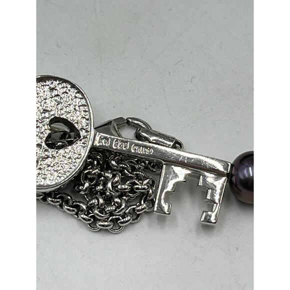 KM 925 Sterling Silver Real White Diamond & Tahitian Pearl Key Pendant - Picture 7 of 14